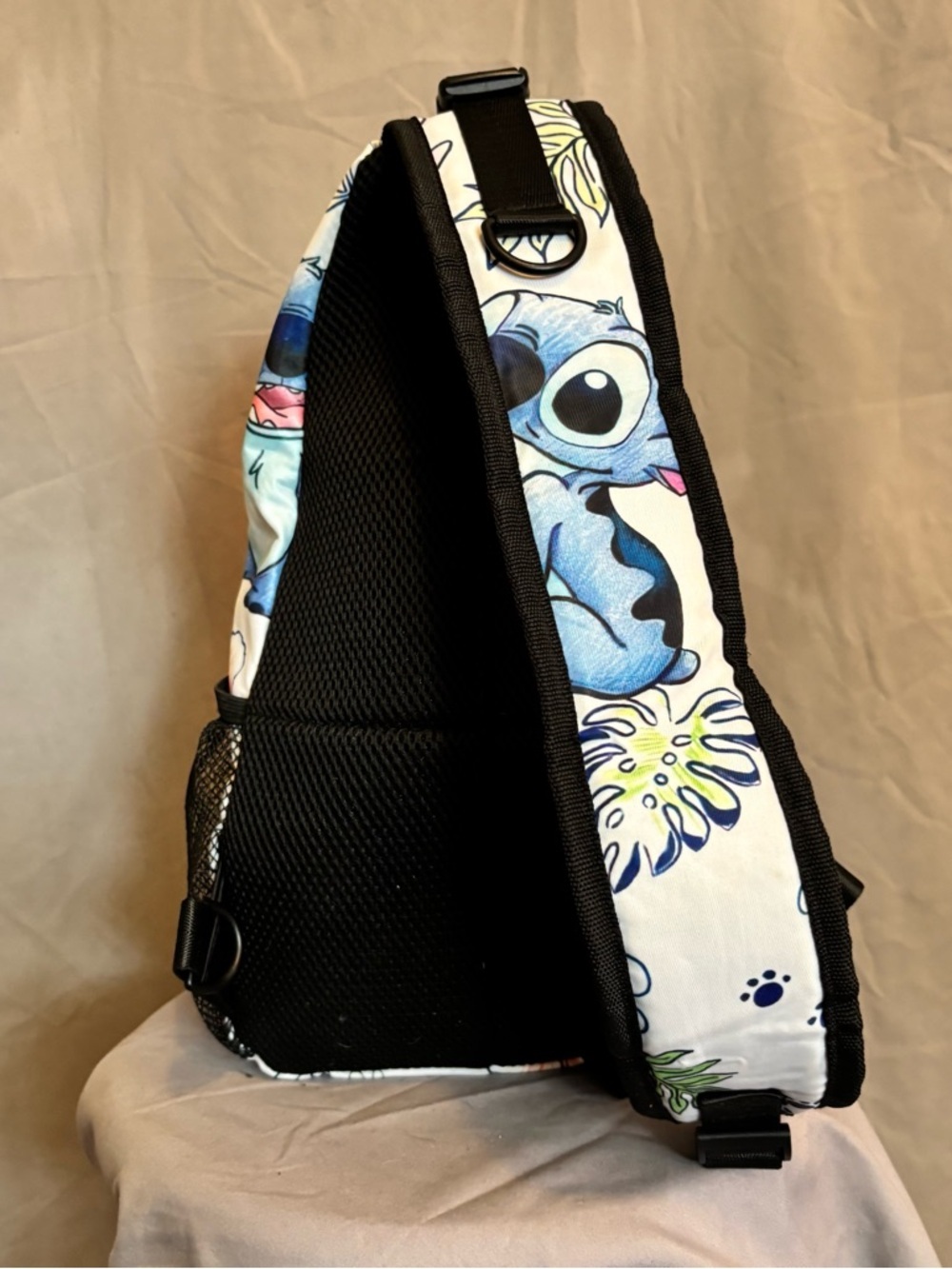 Stitch Print Sling Backpack - White & Blue Floral Design - Picture 3 of 5